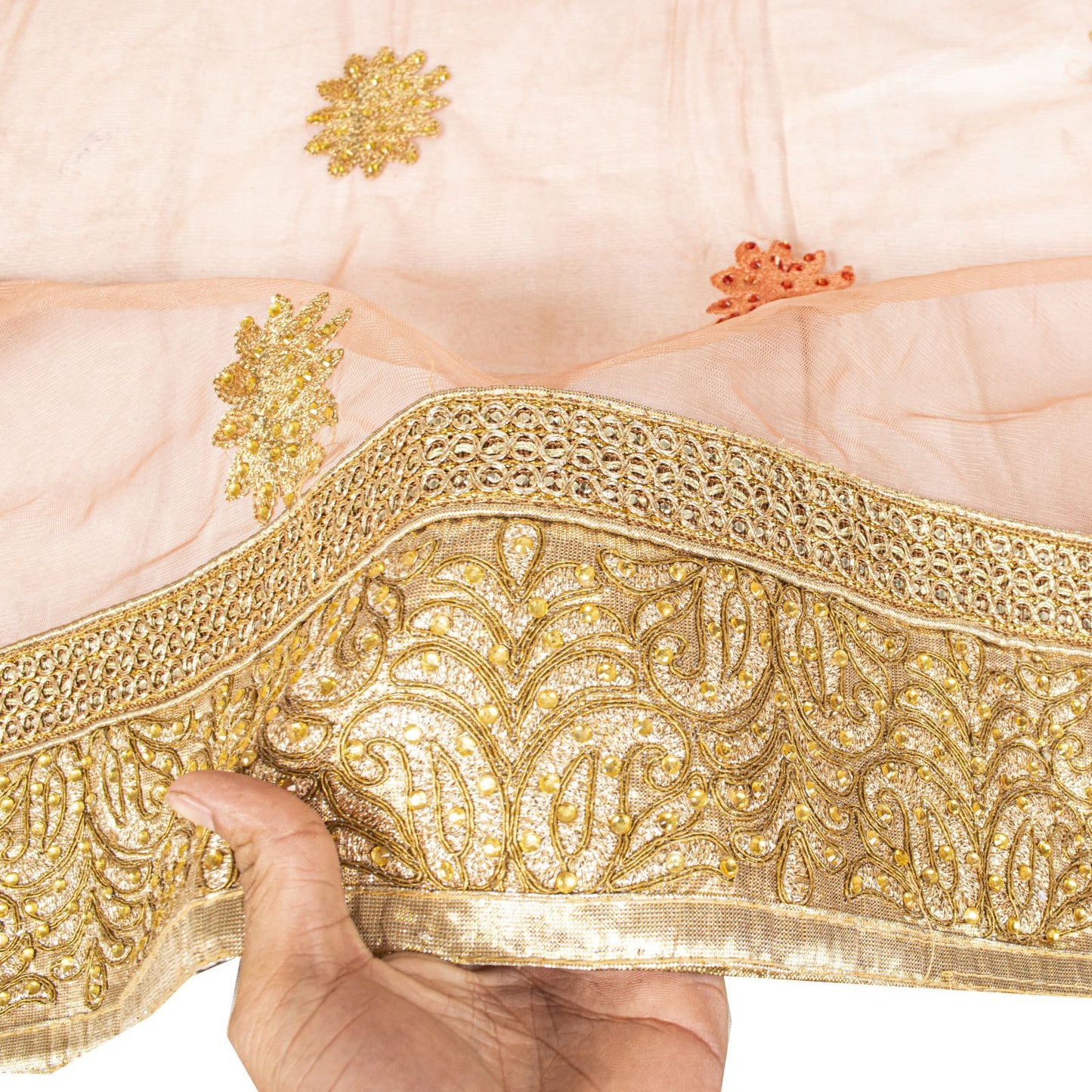 Sanskriti Vintage Peach Net Dupatta Stole Embroidered Patch Stone Neck Head Veil
