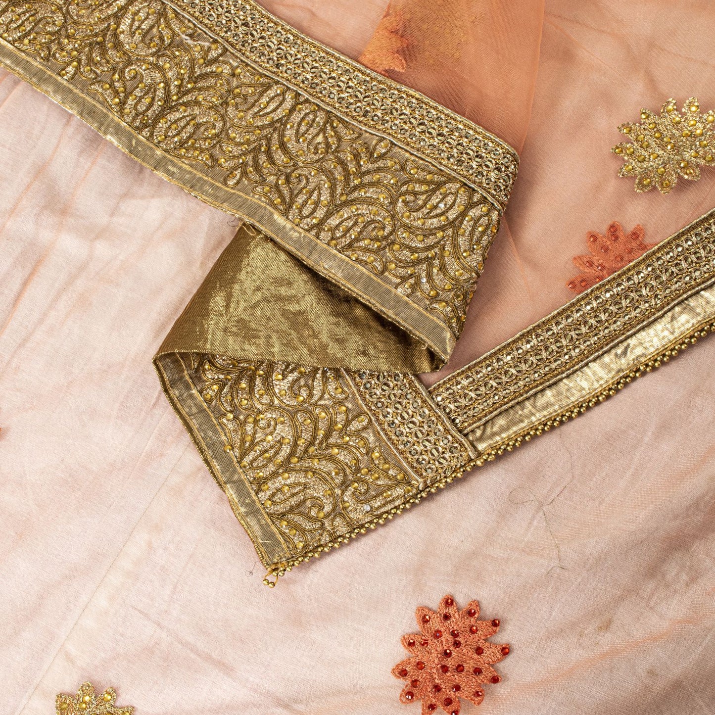 Sanskriti Vintage Peach Net Dupatta Stole Embroidered Patch Stone Neck Head Veil
