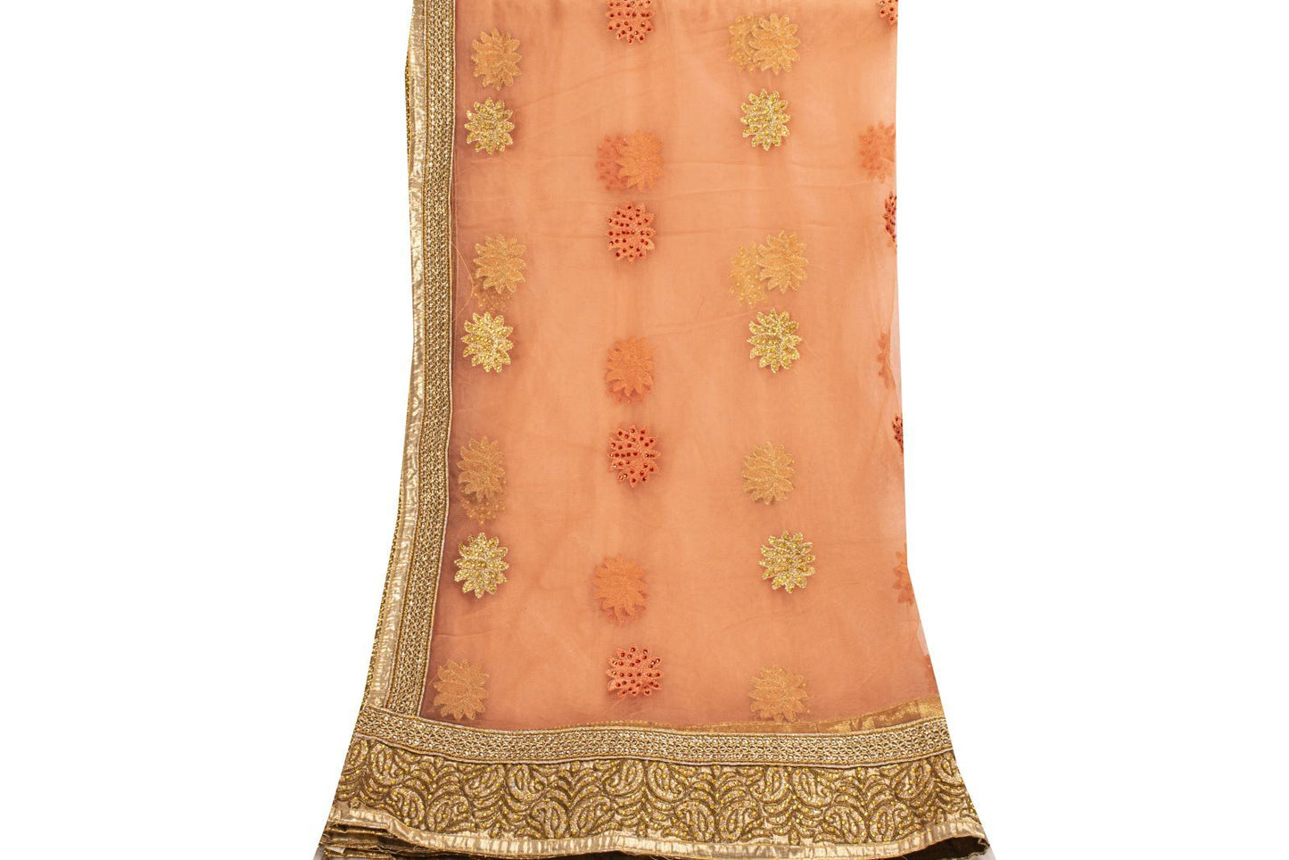 Sanskriti Vintage Peach Net Dupatta Stole Embroidered Patch Stone Neck Head Veil