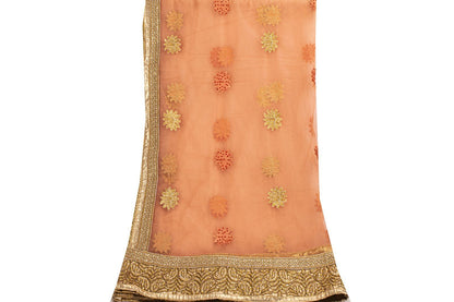 Sanskriti Vintage Peach Net Dupatta Stole Embroidered Patch Stone Neck Head Veil