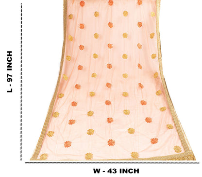 Sanskriti Vintage Peach Net Dupatta Stole Embroidered Patch Stone Neck Head Veil
