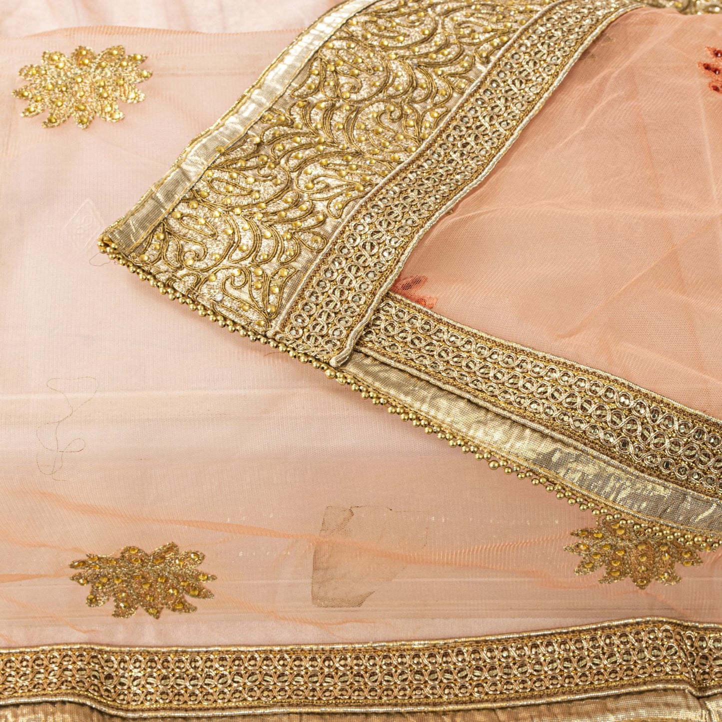 Sanskriti Vintage Peach Net Dupatta Stole Embroidered Patch Stone Neck Head Veil