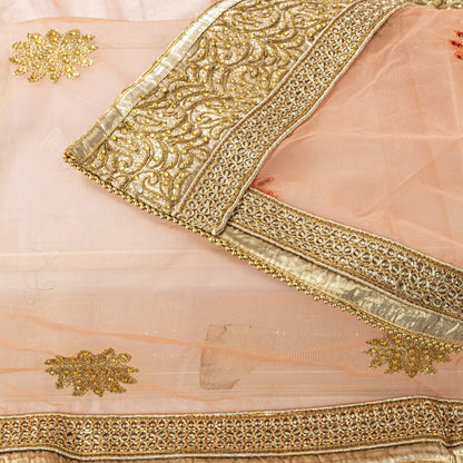 Sanskriti Vintage Peach Net Dupatta Stole Embroidered Patch Stone Neck Head Veil