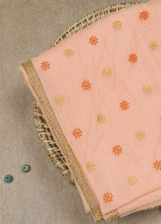 Sanskriti Vintage Peach Net Dupatta Stole Embroidered Patch Stone Neck Head Veil