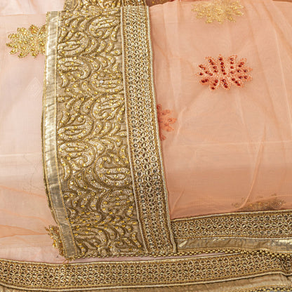 Sanskriti Vintage Peach Net Dupatta Stole Embroidered Patch Stone Neck Head Veil