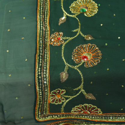 Sanskriti Vintage Green Pure Georgette Dupatta Stole Hand Embroidered Zari Veil