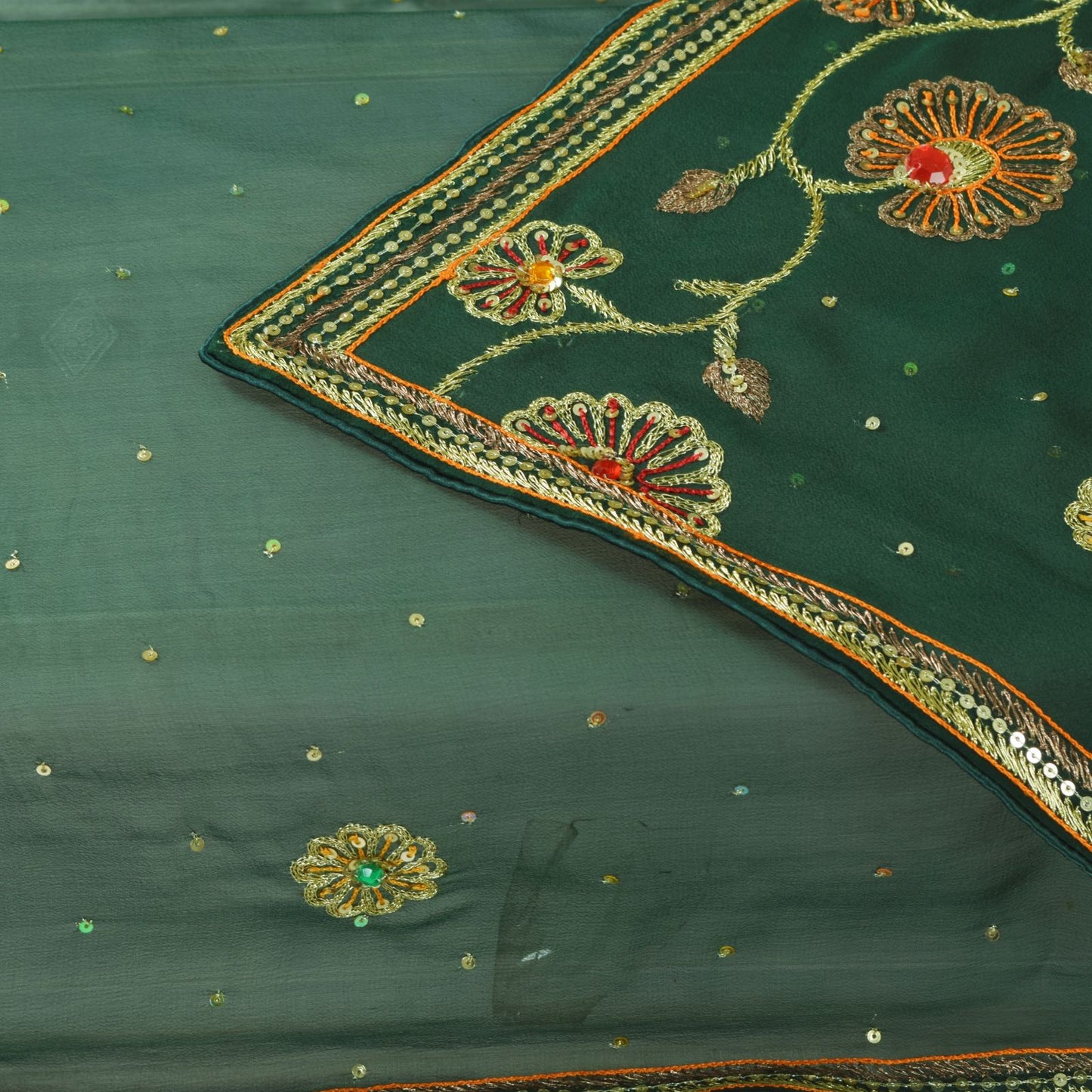 Sanskriti Vintage Green Pure Georgette Dupatta Stole Hand Embroidered Zari Veil