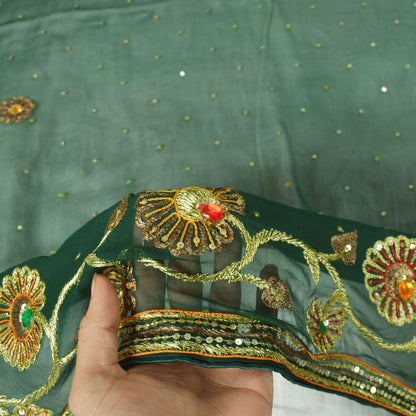 Sanskriti Vintage Green Pure Georgette Dupatta Stole Hand Embroidered Zari Veil