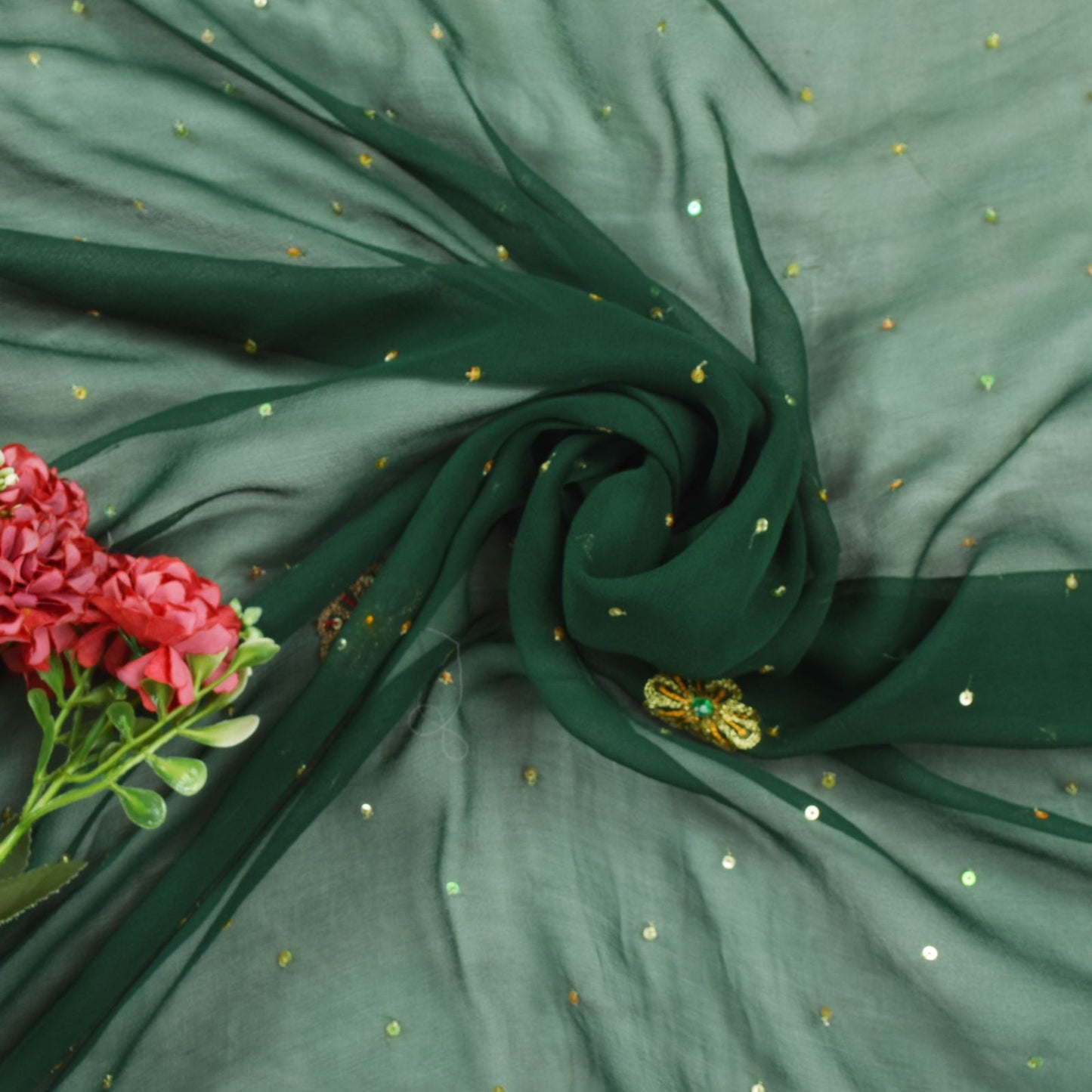 Sanskriti Vintage Green Pure Georgette Dupatta Stole Hand Embroidered Zari Veil