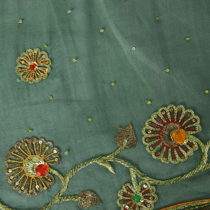 Sanskriti Vintage Green Pure Georgette Dupatta Stole Hand Embroidered Zari Veil