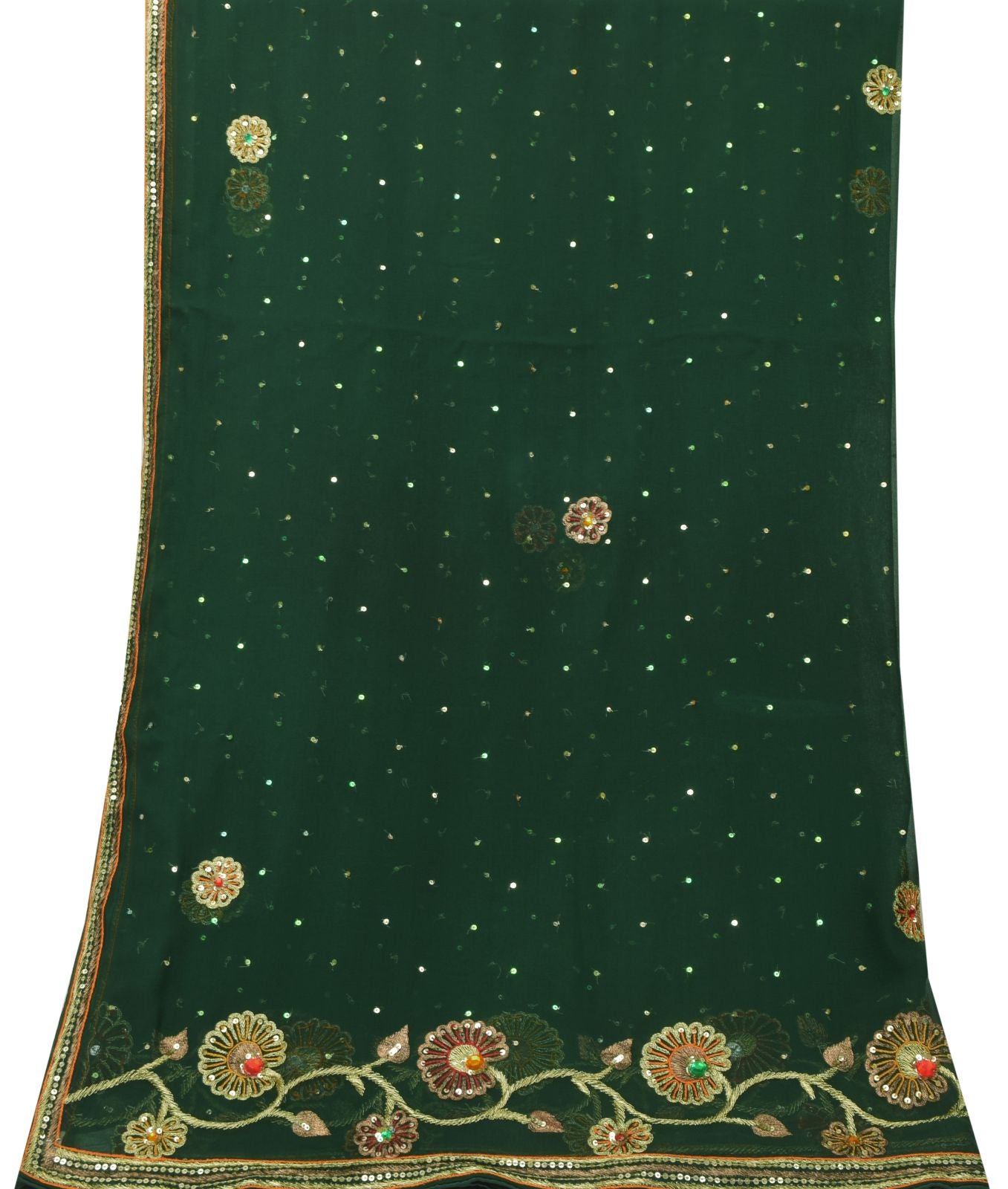 Sanskriti Vintage Green Pure Georgette Dupatta Stole Hand Embroidered Zari Veil