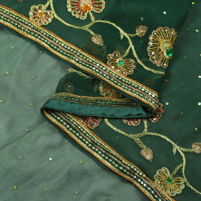 Sanskriti Vintage Green Pure Georgette Dupatta Stole Hand Embroidered Zari Veil
