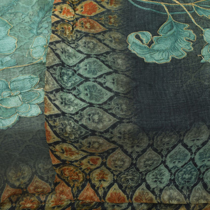 Sanskriti Vintage Blue Chiffon Silk Dupatta Stole Digital Print Embroidered Veil