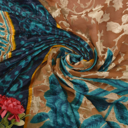 Sanskriti Vintage Blue-Brown Soft Dupatta Stole Velvet Brasso Work Scarf Veil