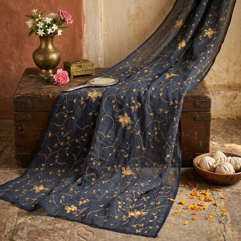 Sanskriti Vintage Blue Pure Chiffon Silk Dupatta/Stole Embroidered Indian Veil