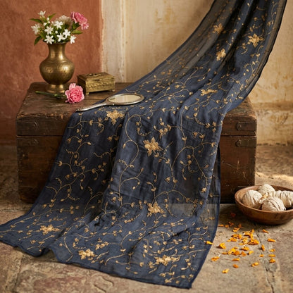 Sanskriti Vintage Blue Pure Chiffon Silk Dupatta/Stole Embroidered Indian Veil