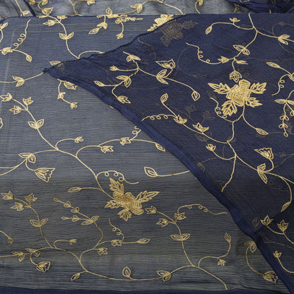 Sanskriti Vintage Blue Pure Chiffon Silk Dupatta/Stole Embroidered Indian Veil