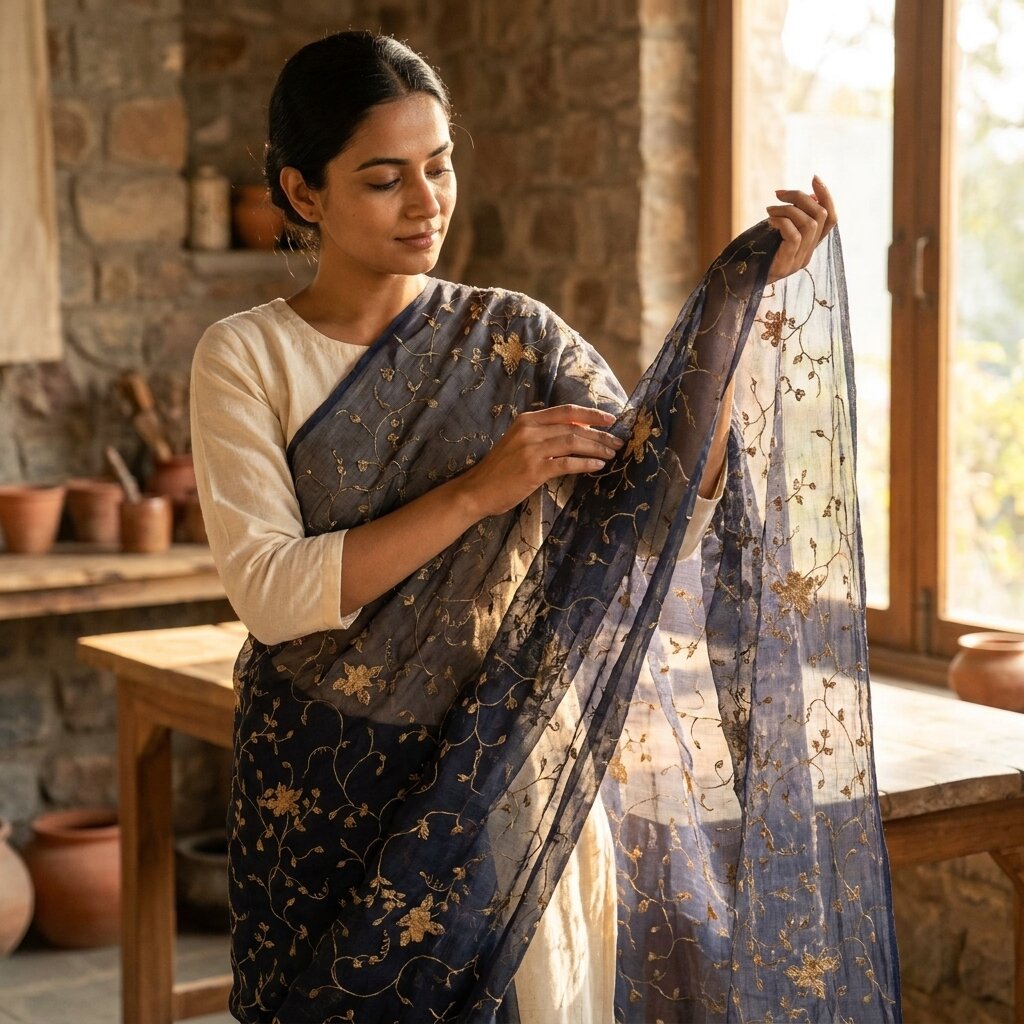 Sanskriti Vintage Blue Pure Chiffon Silk Dupatta/Stole Embroidered Indian Veil