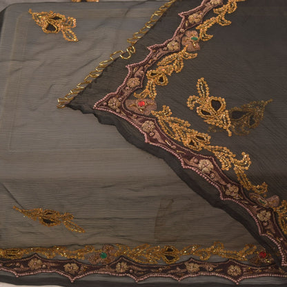 Sanskriti Vintage Black Pure Chiffon Silk Dupatta Stole Hand Beaded Zardozi Veil
