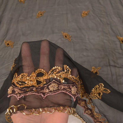 Sanskriti Vintage Black Pure Chiffon Silk Dupatta Stole Hand Beaded Zardozi Veil