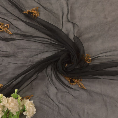Sanskriti Vintage Black Pure Chiffon Silk Dupatta Stole Hand Beaded Zardozi Veil
