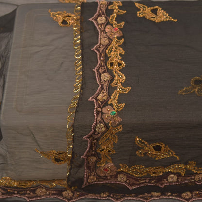 Sanskriti Vintage Black Pure Chiffon Silk Dupatta Stole Hand Beaded Zardozi Veil