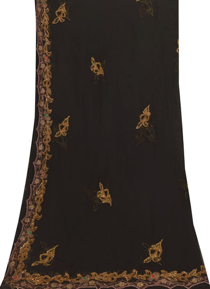 Sanskriti Vintage Black Pure Chiffon Silk Dupatta Stole Hand Beaded Zardozi Veil