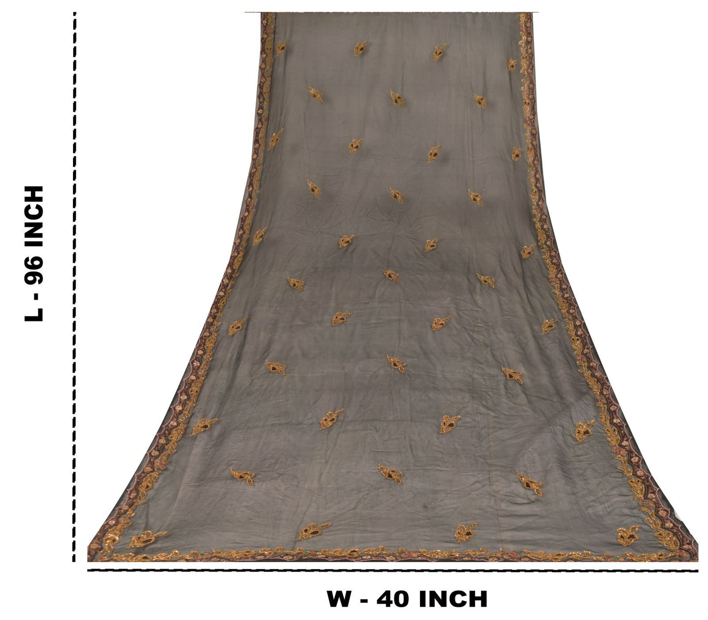 Sanskriti Vintage Black Pure Chiffon Silk Dupatta Stole Hand Beaded Zardozi Veil