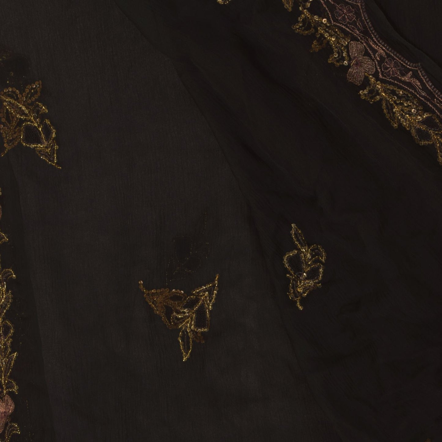 Sanskriti Vintage Black Pure Chiffon Silk Dupatta Stole Hand Beaded Zardozi Veil