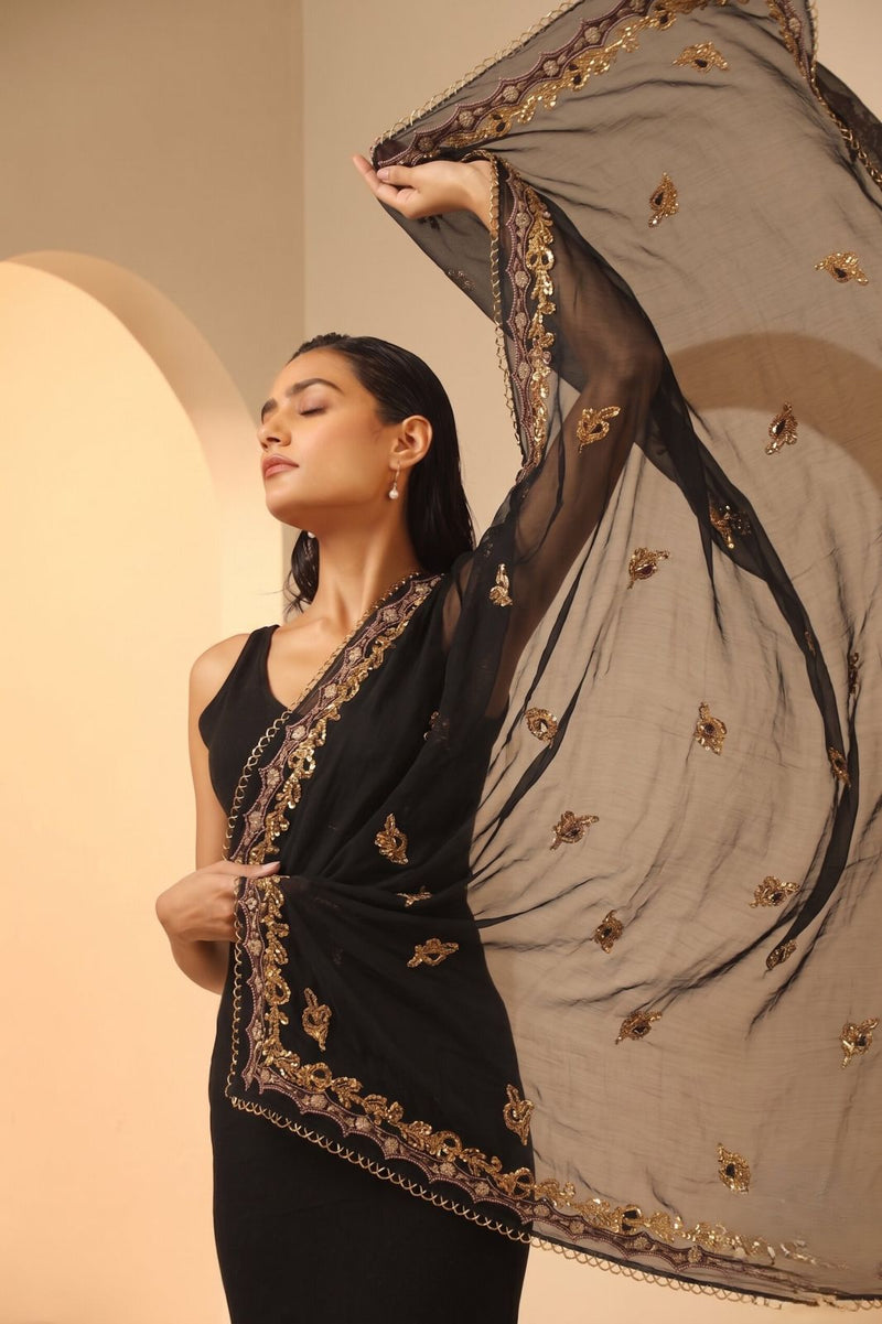 Sanskriti Vintage Black Pure Chiffon Silk Dupatta Stole Hand Beaded Zardozi Veil