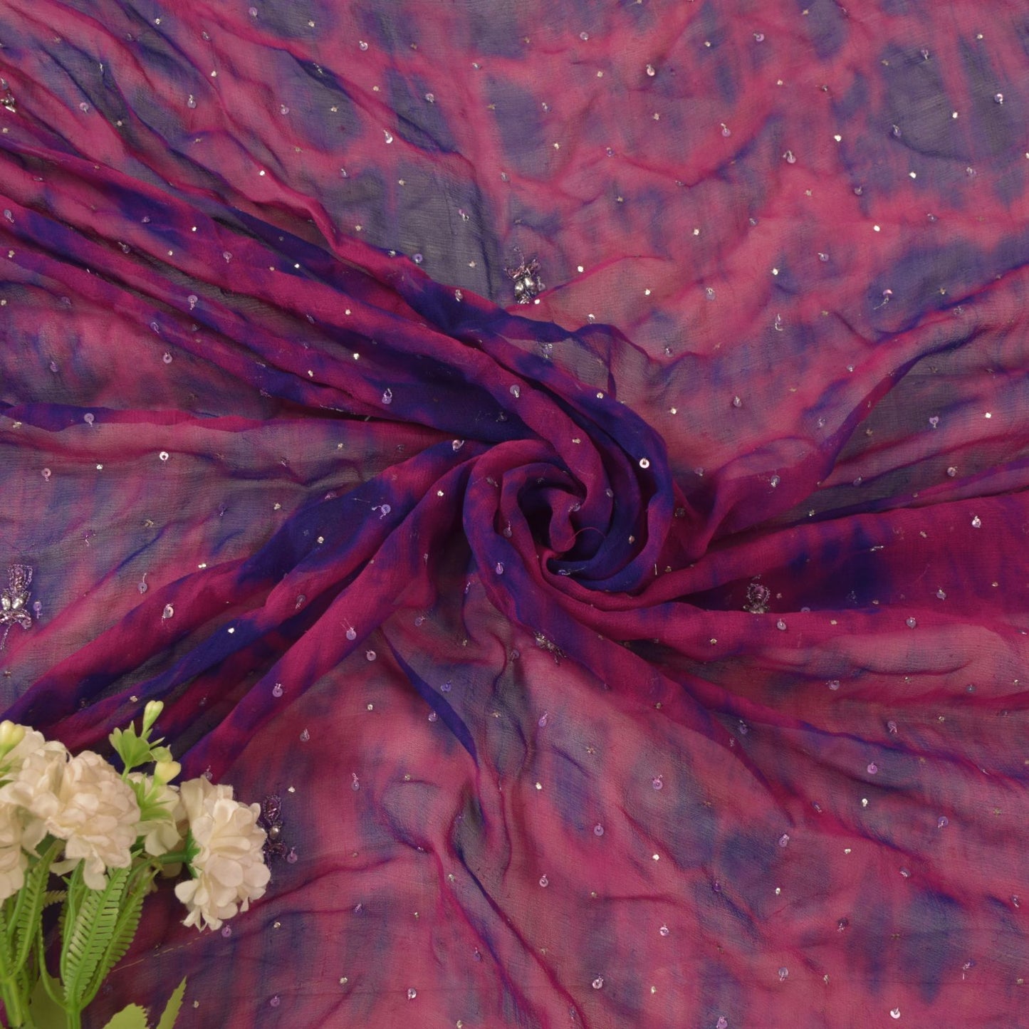 Sanskriti Vintage Purple-Blue Pure Georgette Dupatta Tie-Dye Hand Bead Zari Veil