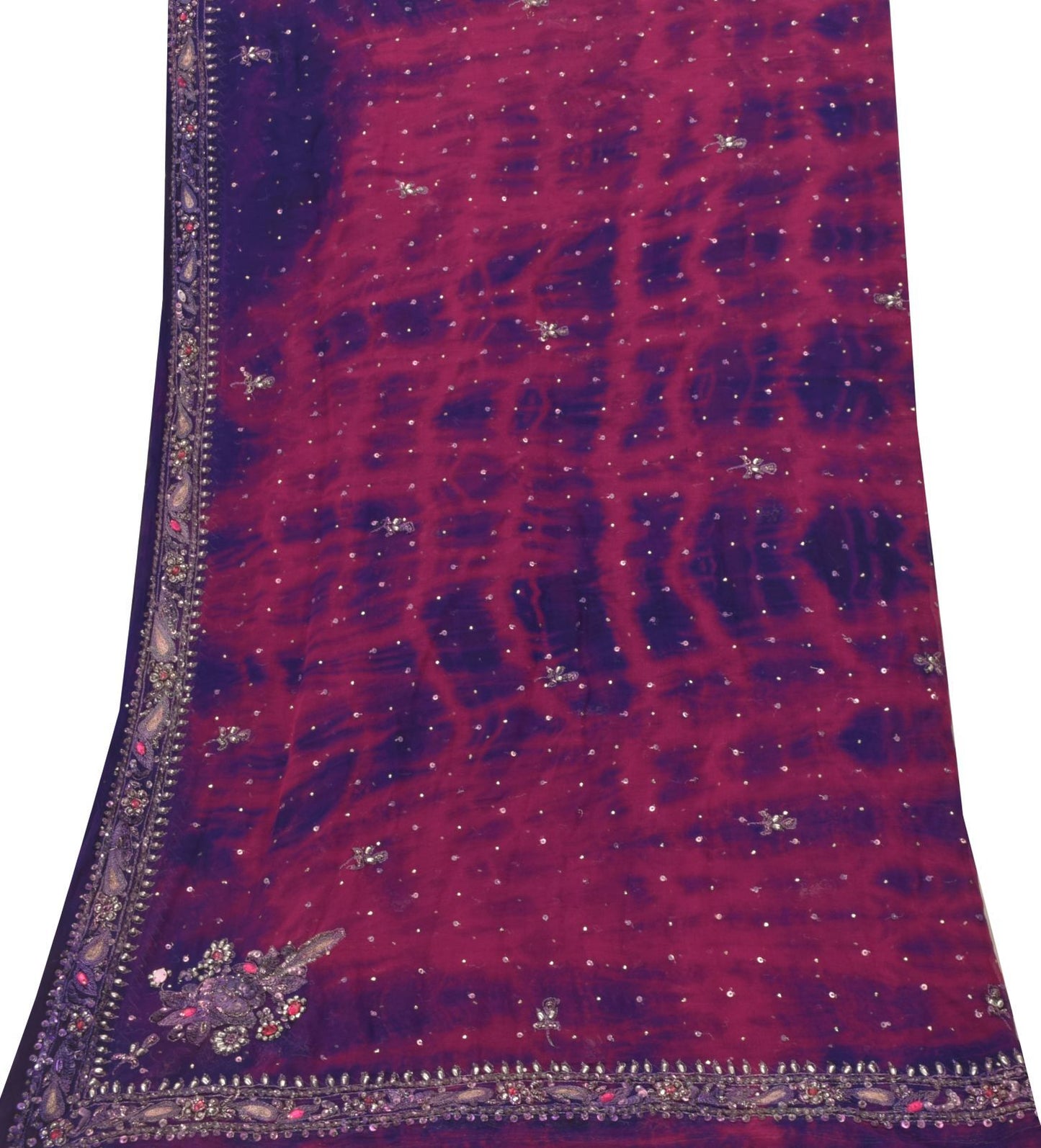 Sanskriti Vintage Purple-Blue Pure Georgette Dupatta Tie-Dye Hand Bead Zari Veil