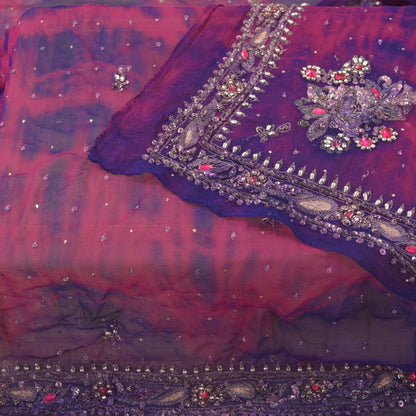 Sanskriti Vintage Purple-Blue Pure Georgette Dupatta Tie-Dye Hand Bead Zari Veil