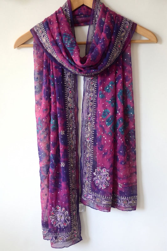 Sanskriti Vintage Purple-Blue Pure Georgette Dupatta Tie-Dye Hand Bead Zari Veil