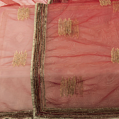 Sanskriti Vintage Red Net Dupatta Stole Embroidered Dabka Glass Beads Scarf Veil