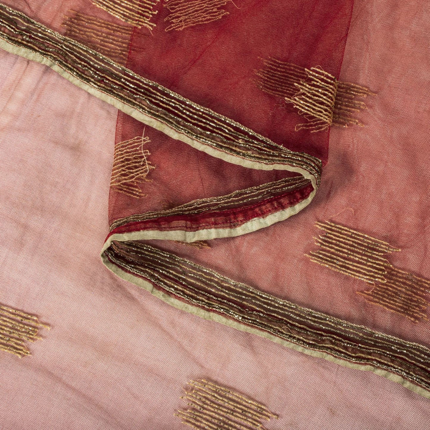 Sanskriti Vintage Red Net Dupatta Stole Embroidered Dabka Glass Beads Scarf Veil