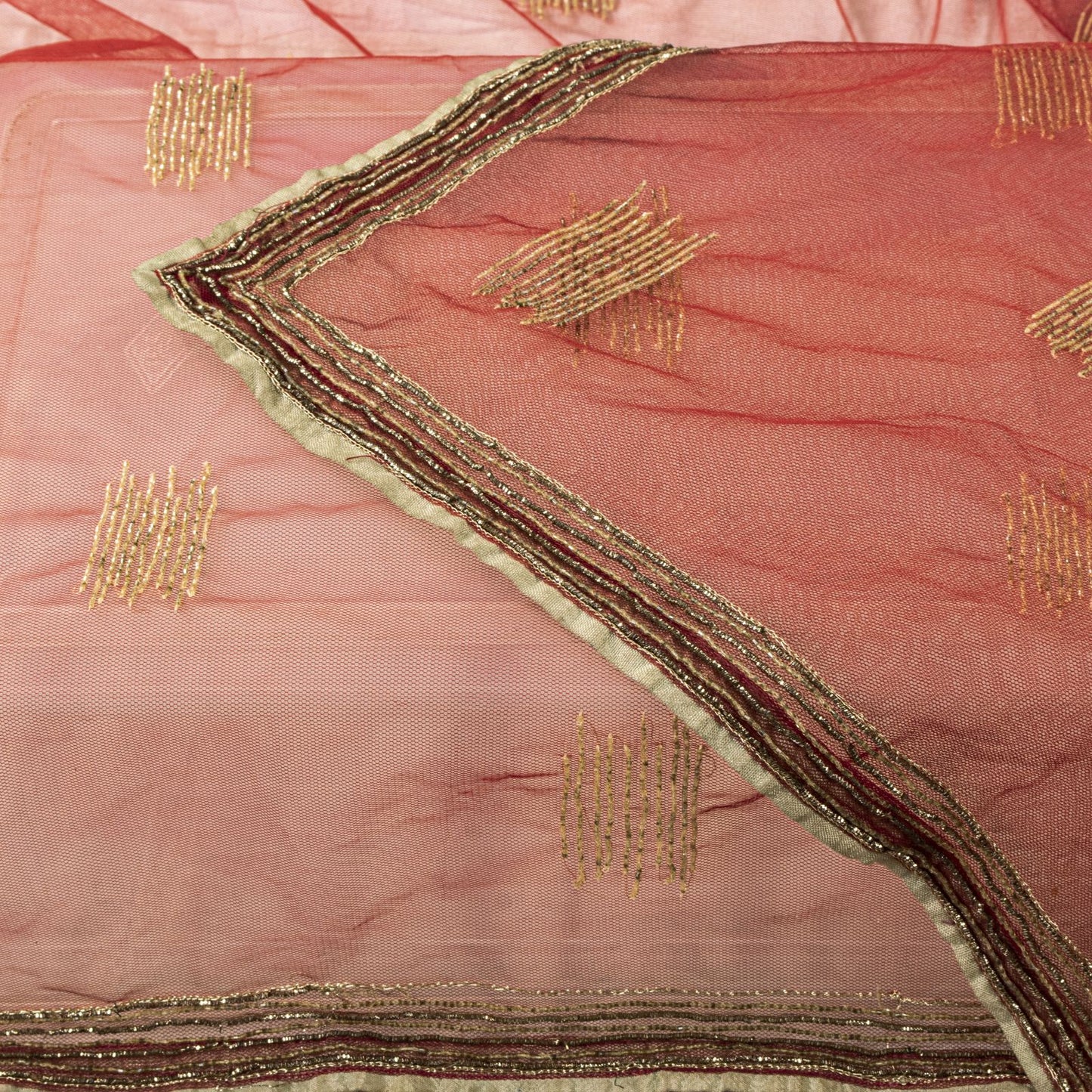 Sanskriti Vintage Red Net Dupatta Stole Embroidered Dabka Glass Beads Scarf Veil