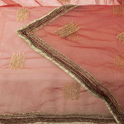 Sanskriti Vintage Red Net Dupatta Stole Embroidered Dabka Glass Beads Scarf Veil