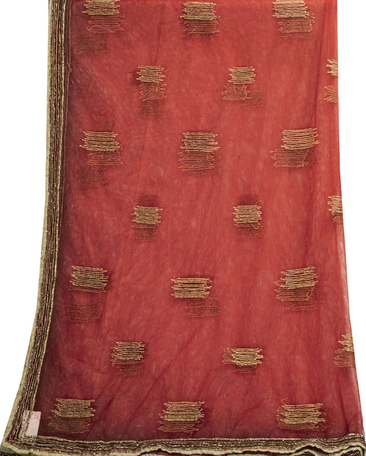 Sanskriti Vintage Red Net Dupatta Stole Embroidered Dabka Glass Beads Scarf Veil