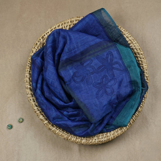 Sanskriti Vintage Blue Soft Pure Silk Dupatta Stole Hand Block Print Wrap Veil