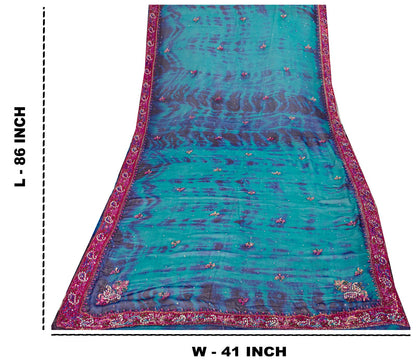 Sanskriti Vintage Blue Soft Pure Chiffon Dupatta Stole Tie-Dye Hand Beaded Veil