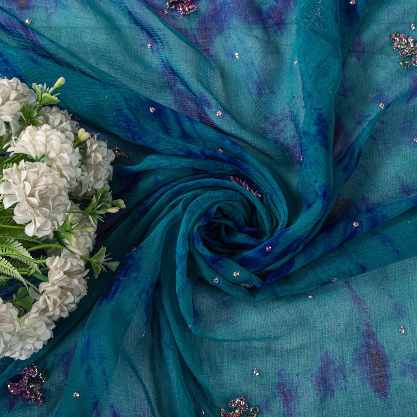 Sanskriti Vintage Blue Soft Pure Chiffon Dupatta Stole Tie-Dye Hand Beaded Veil