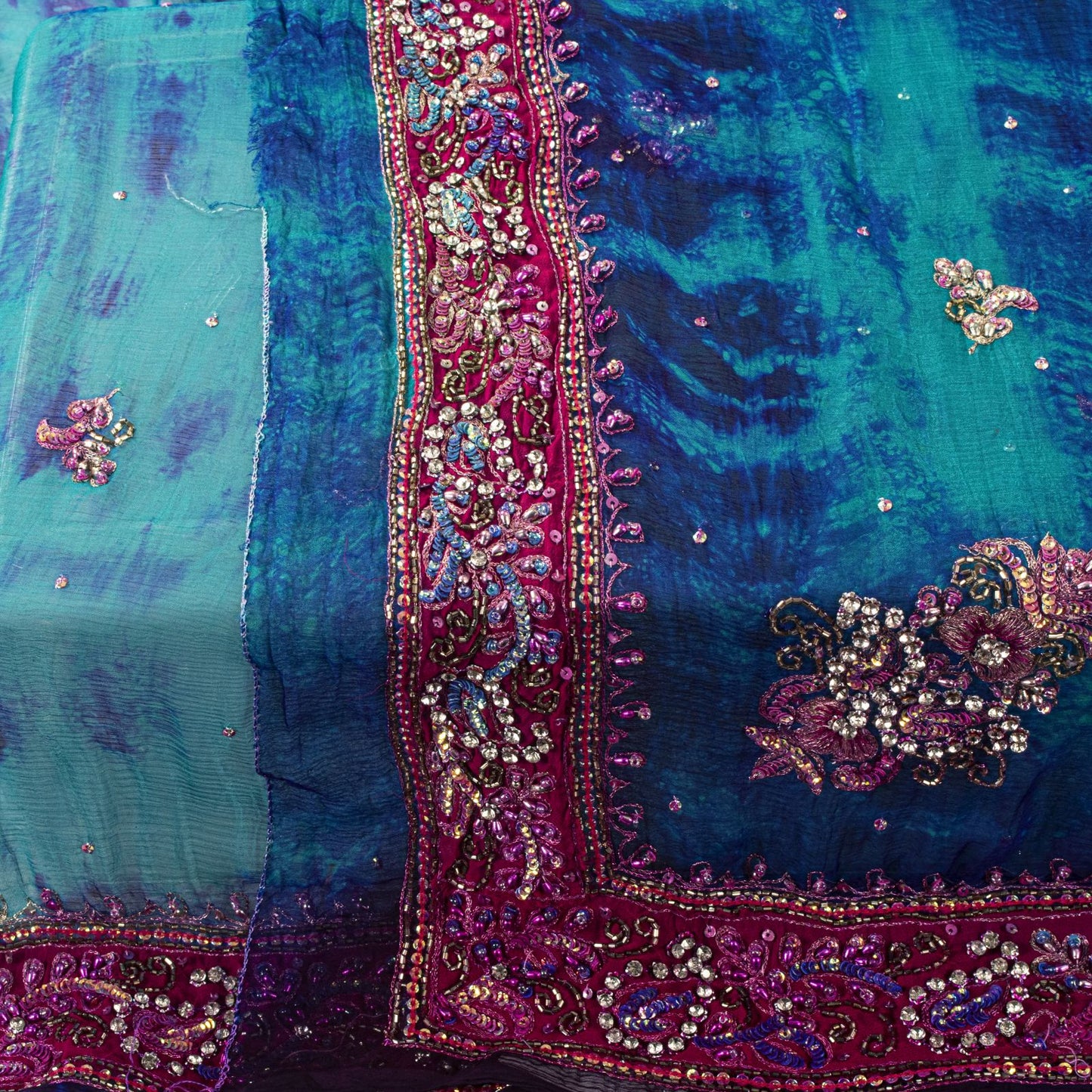 Sanskriti Vintage Blue Soft Pure Chiffon Dupatta Stole Tie-Dye Hand Beaded Veil