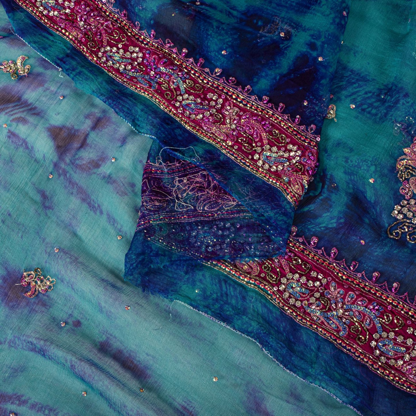 Sanskriti Vintage Blue Soft Pure Chiffon Dupatta Stole Tie-Dye Hand Beaded Veil