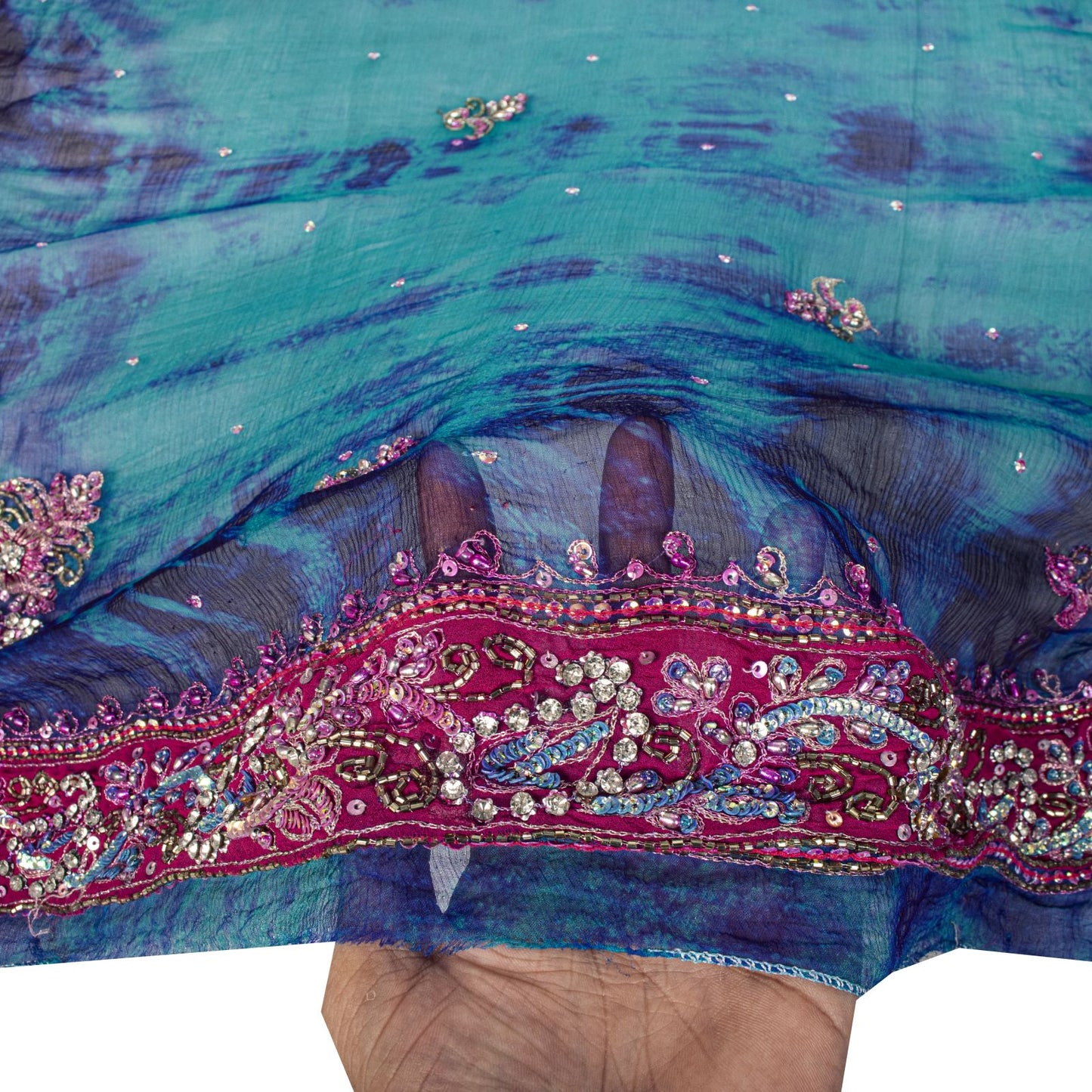 Sanskriti Vintage Blue Soft Pure Chiffon Dupatta Stole Tie-Dye Hand Beaded Veil