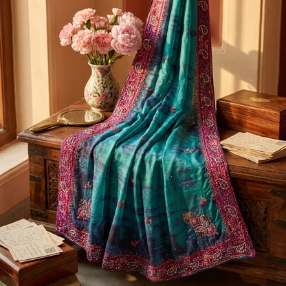 Sanskriti Vintage Blue Soft Pure Chiffon Dupatta Stole Tie-Dye Hand Beaded Veil