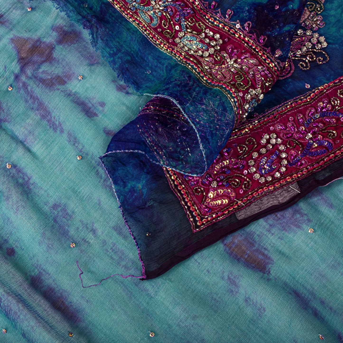 Sanskriti Vintage Blue Soft Pure Chiffon Dupatta Stole Tie-Dye Hand Beaded Veil