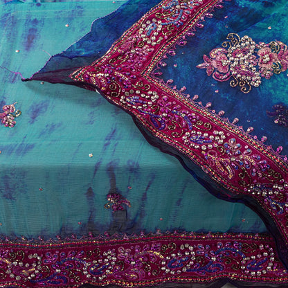 Sanskriti Vintage Blue Soft Pure Chiffon Dupatta Stole Tie-Dye Hand Beaded Veil