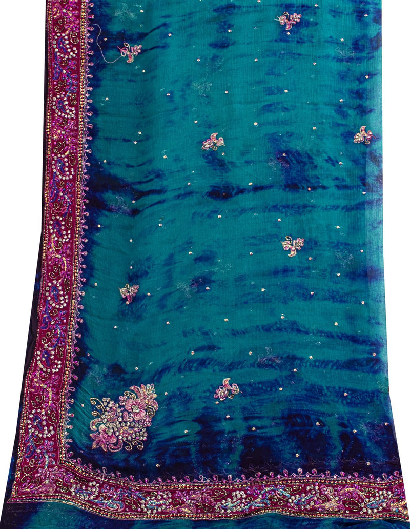 Sanskriti Vintage Blue Soft Pure Chiffon Dupatta Stole Tie-Dye Hand Beaded Veil