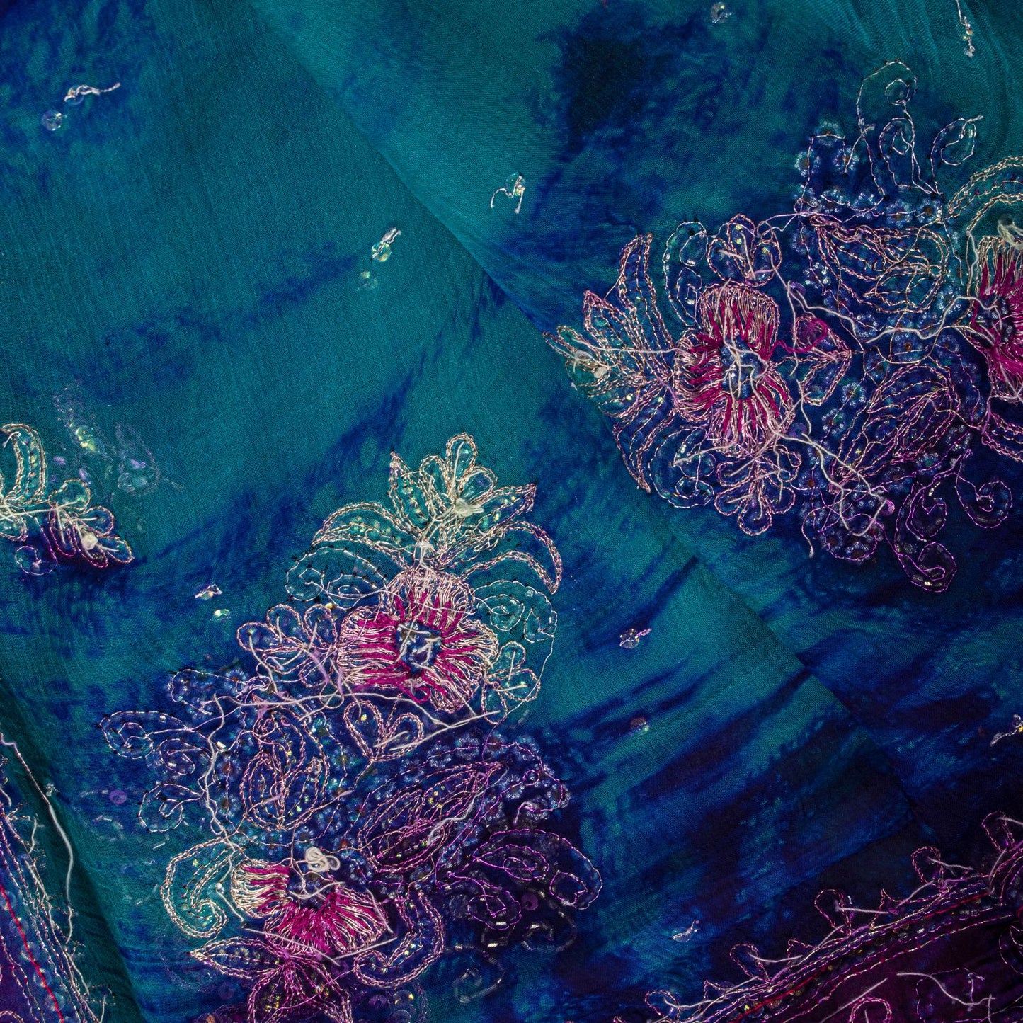 Sanskriti Vintage Blue Soft Pure Chiffon Dupatta Stole Tie-Dye Hand Beaded Veil